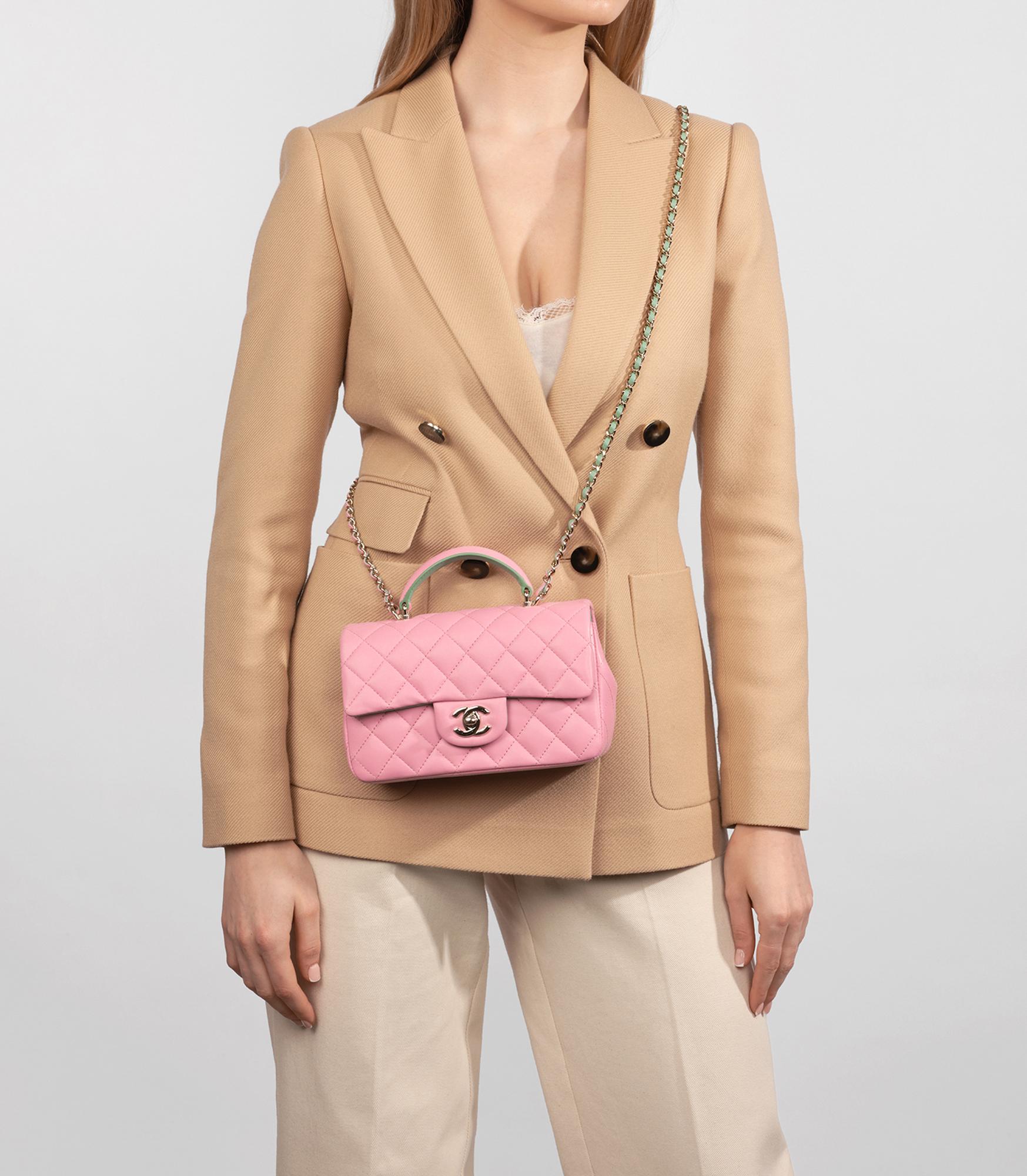 Rosa Chanel Pink & Green Quilted Lambskin Rectangular Mini Flap Bag with Top Handle in vendita