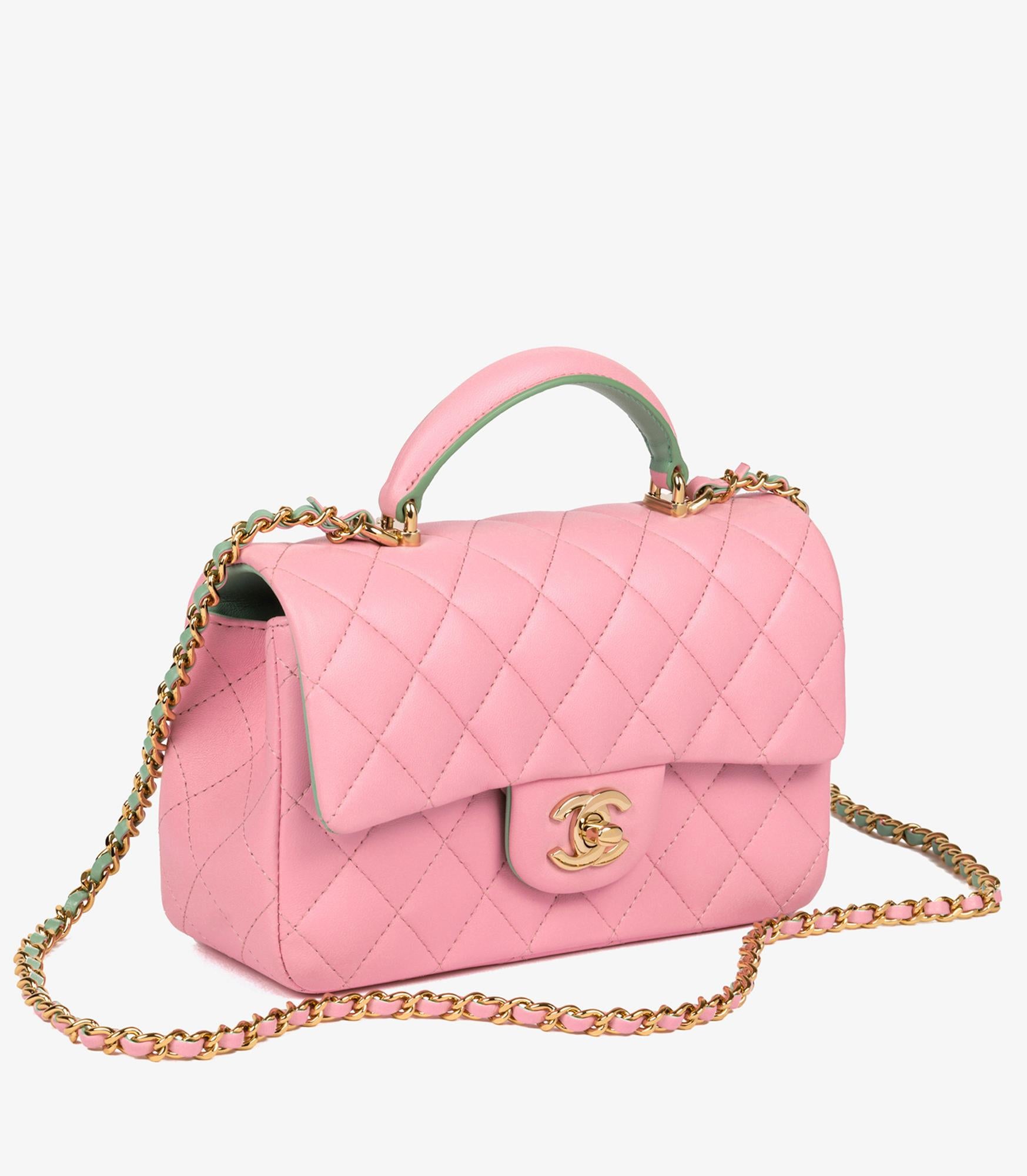 Chanel Pink & Green Quilted Lambskin Rectangular Mini Flap Bag with Top Handle In condizioni ottime in vendita a Bishop's Stortford, Hertfordshire