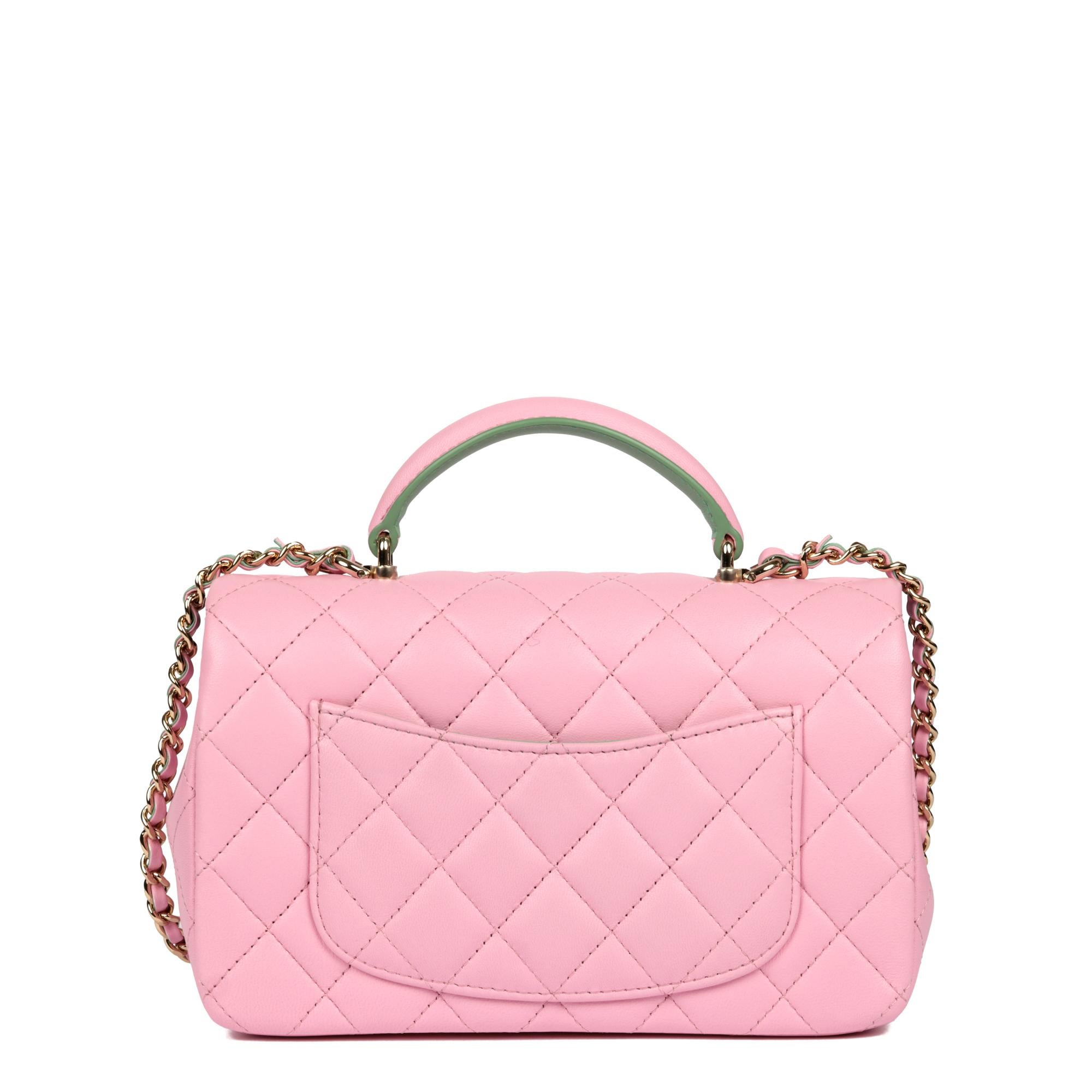 Chanel Pink & Green Quilted Lambskin Rectangular Mini Flap Bag with Top Handle For Sale 1