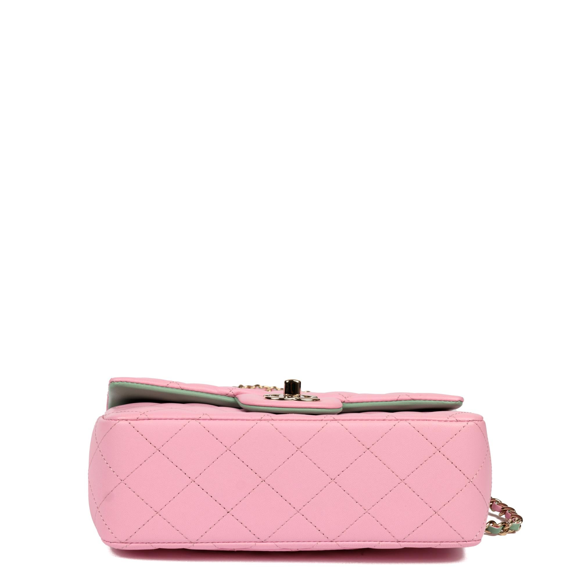 Chanel Pink & Green Quilted Lambskin Rectangular Mini Flap Bag with Top Handle For Sale 2