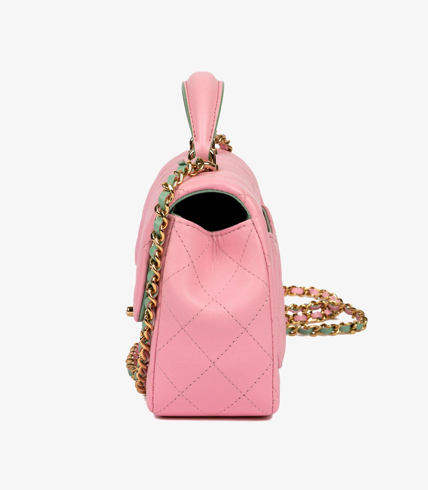 Chanel Pink & Green Quilted Lambskin Rectangular Mini Flap Bag with Top Handle in vendita 1