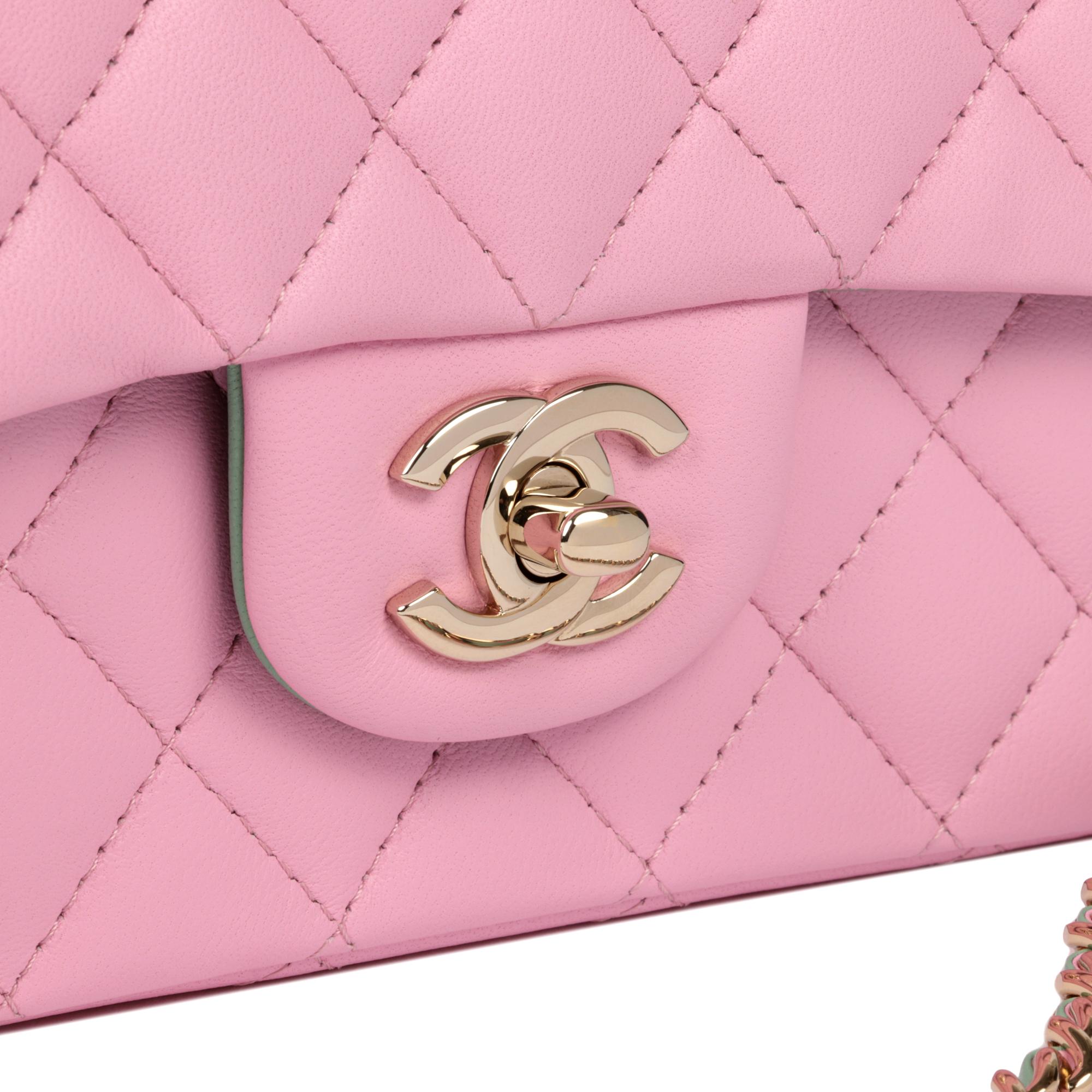 Chanel Pink & Green Quilted Lambskin Rectangular Mini Flap Bag with Top Handle For Sale 3