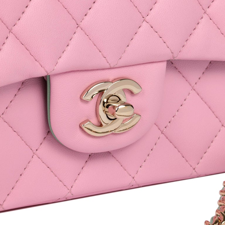Chanel Pink and Green Quilted Lambskin Rectangular Mini Flap Bag with Top  Handle For Sale at 1stDibs