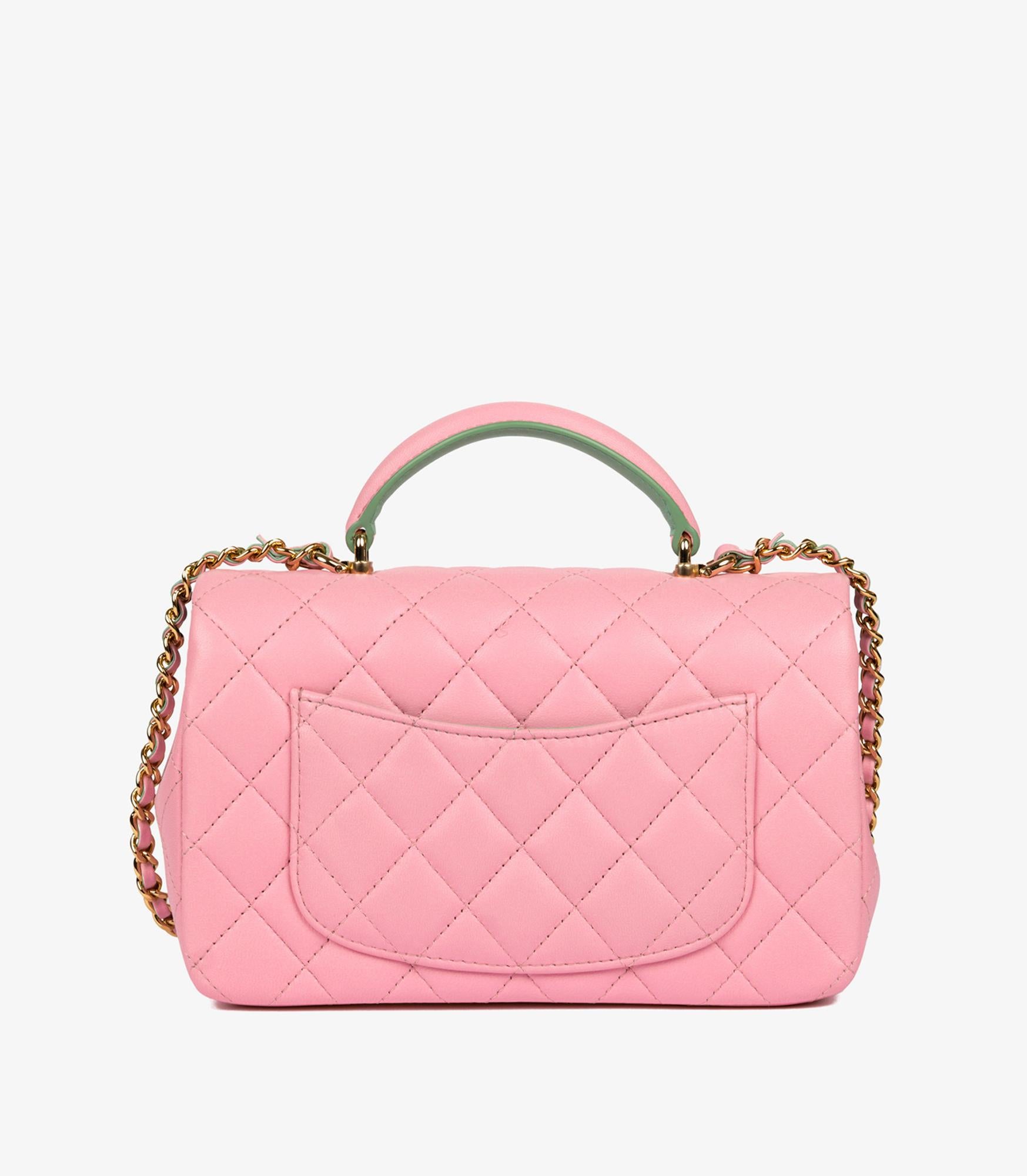 Women's Chanel Pink & Green Quilted Lambskin Rectangular Mini Flap Bag With Top Handle For Sale