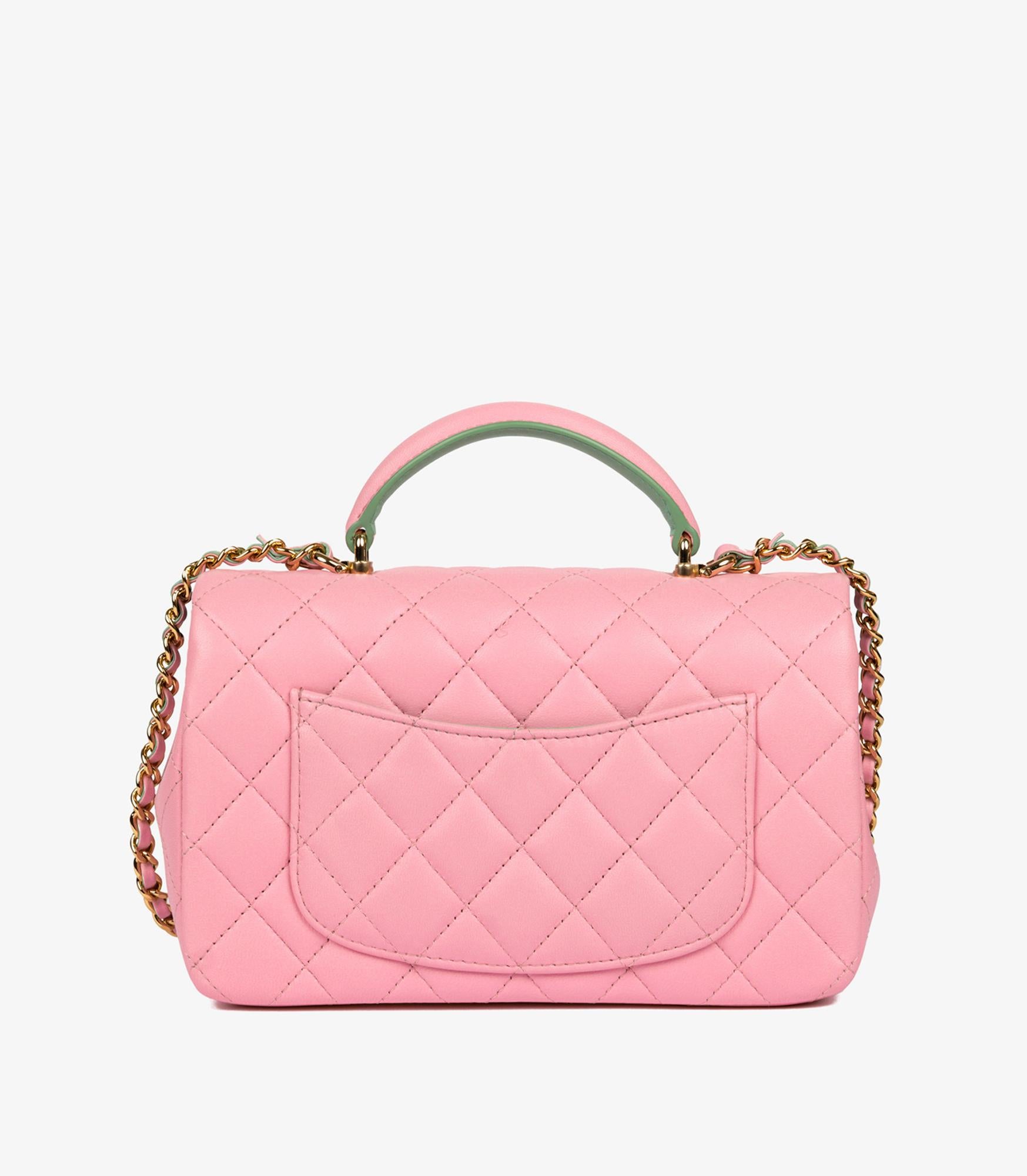 Chanel Pink & Green Quilted Lambskin Rectangular Mini Flap Bag with Top Handle in vendita 2