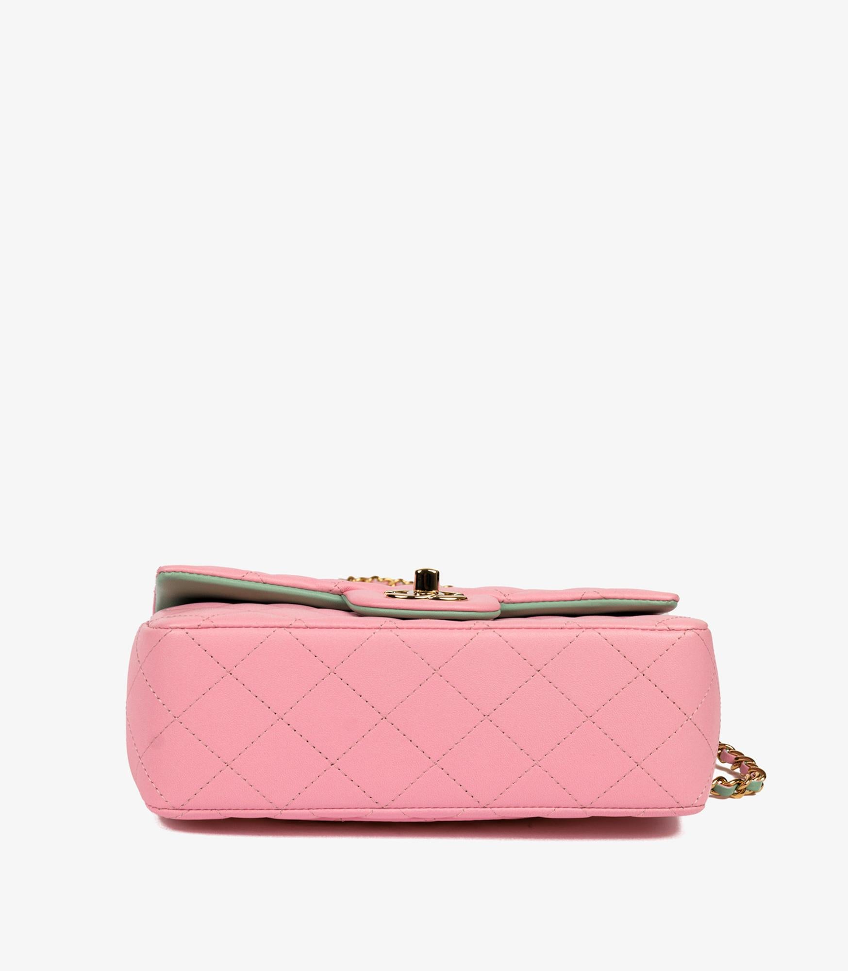 Chanel Pink & Green Quilted Lambskin Rectangular Mini Flap Bag With Top Handle For Sale 1