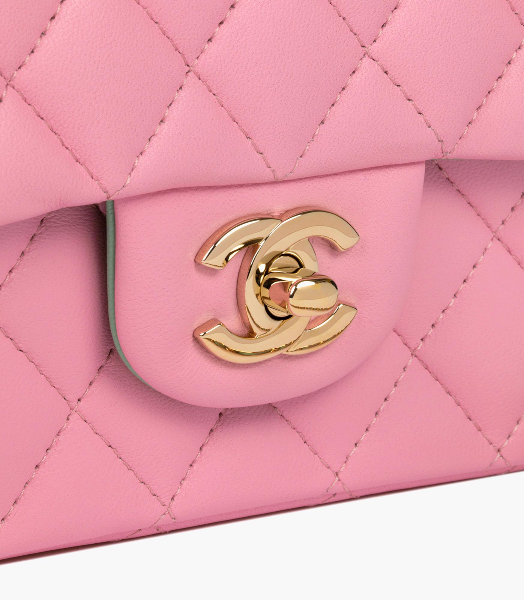 Chanel Pink & Green Quilted Lambskin Rectangular Mini Flap Bag With Top Handle For Sale 2
