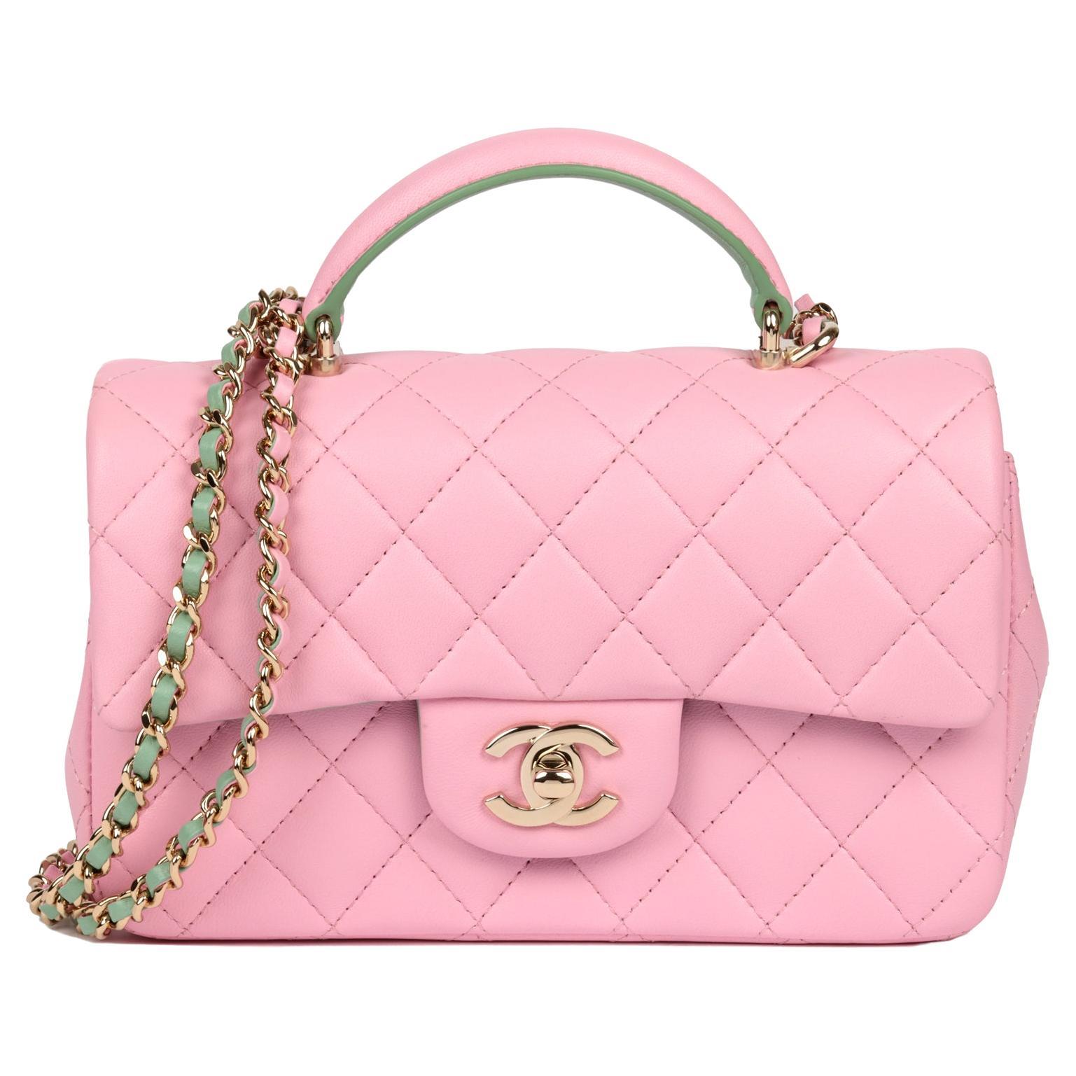Chanel Pink & Green Quilted Lambskin Rectangular Mini Flap Bag with Top Handle For Sale