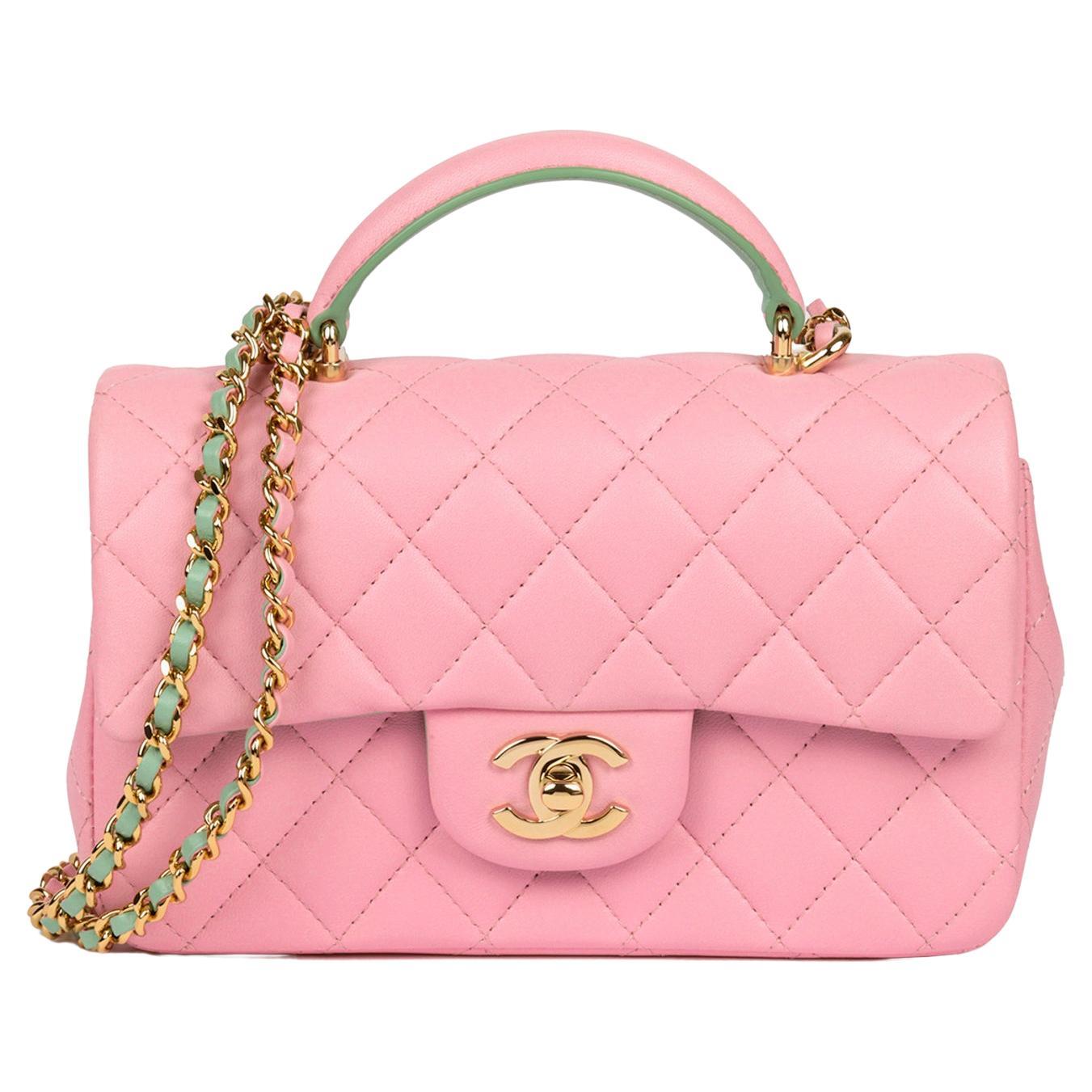 Chanel - Mini sac à rabat rectangulaire en cuir d'agneau matelassé rose et vert avec poignée supérieure