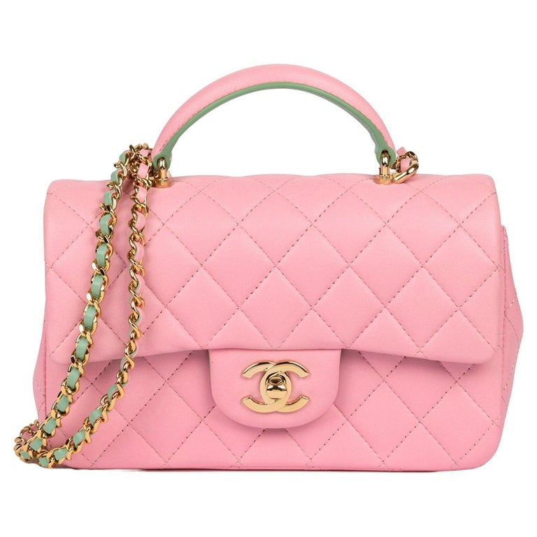 Chanel Pink and Green Quilted Lambskin Rectangular Mini Flap Bag With Top  Handle