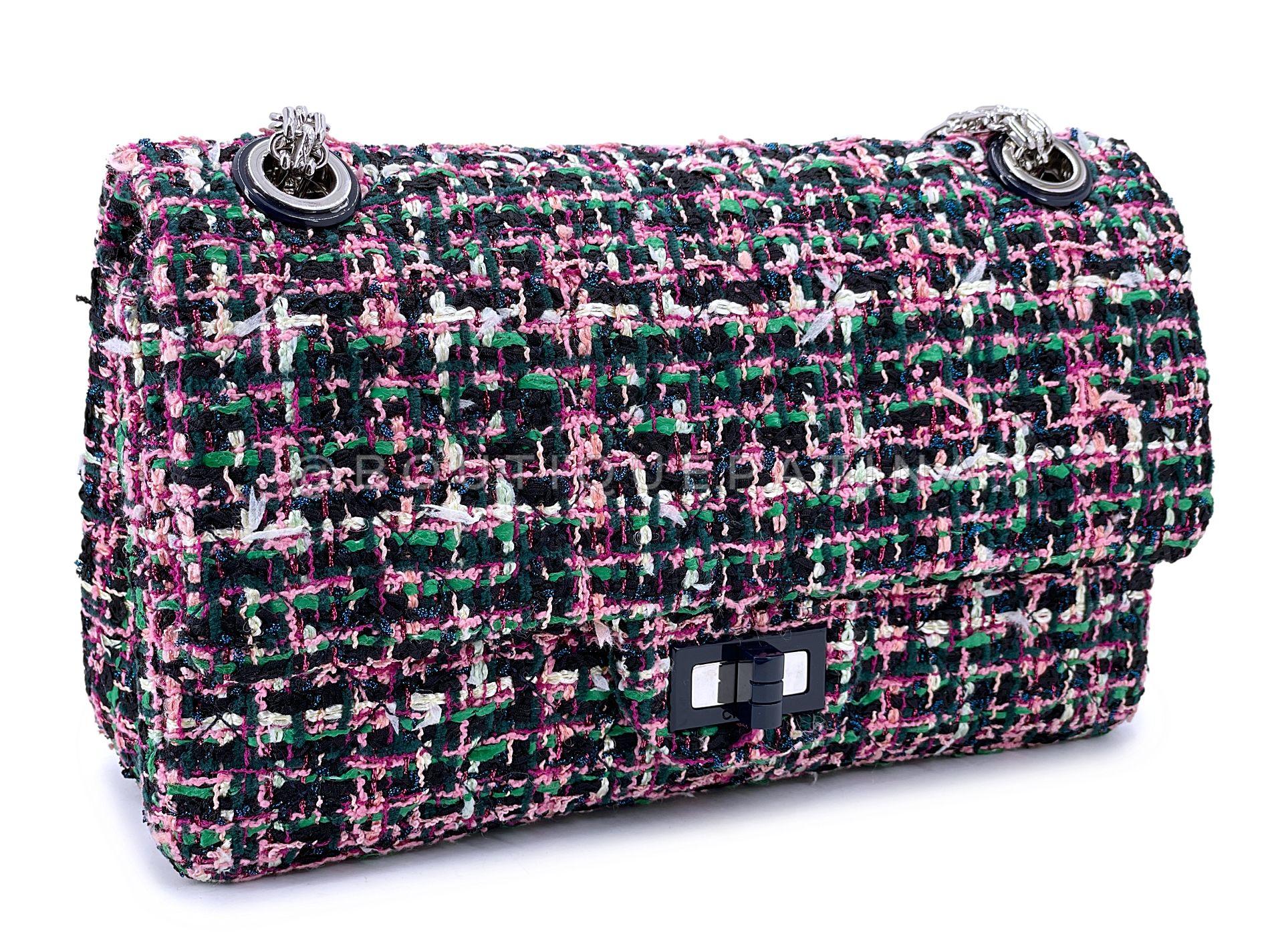 Black Chanel Pink Green Tweed 225 2.55 Reissue Flap Bag SHW 68554 For Sale