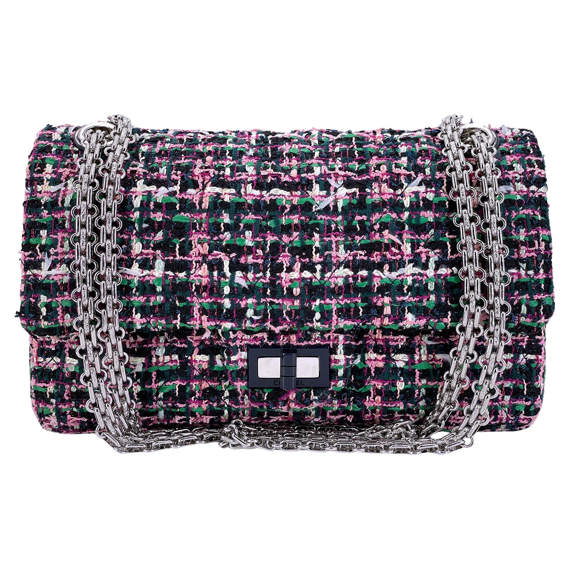 Chanel Pink Green Tweed 225 2.55 Reissue Flap Bag SHW 68554 For Sale