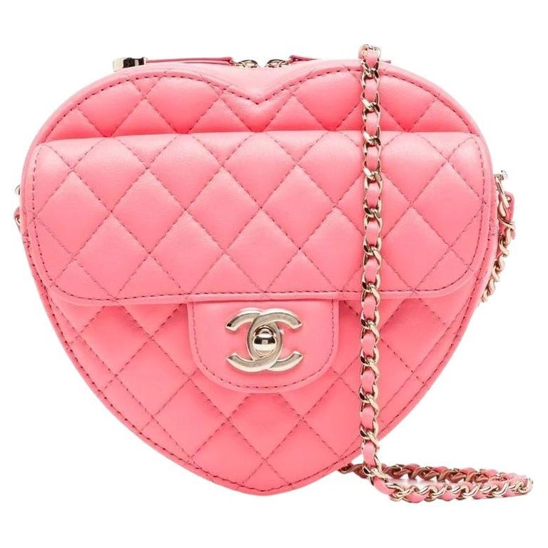 Chanel Pink Quilted Lambskin Heart Chain Valentine Flap Silver