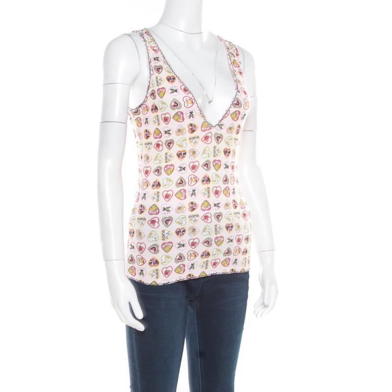 Beige Chanel Pink Heart Printed Ribbed Tank Top M