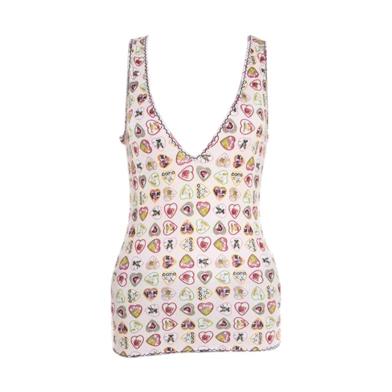 Chanel Pink Heart Printed Ribbed Tank Top M
