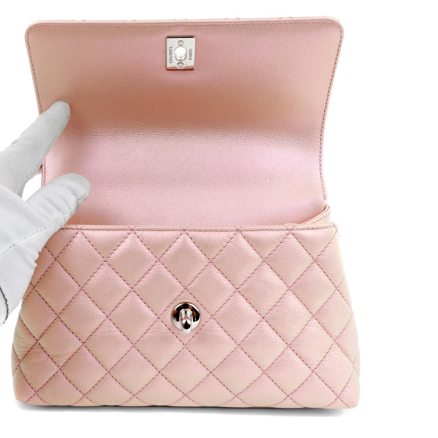 Chanel Pink Iridescent Caviar Small Coco Handle Flap Bag In Excellent Condition In Palm Beach, FL