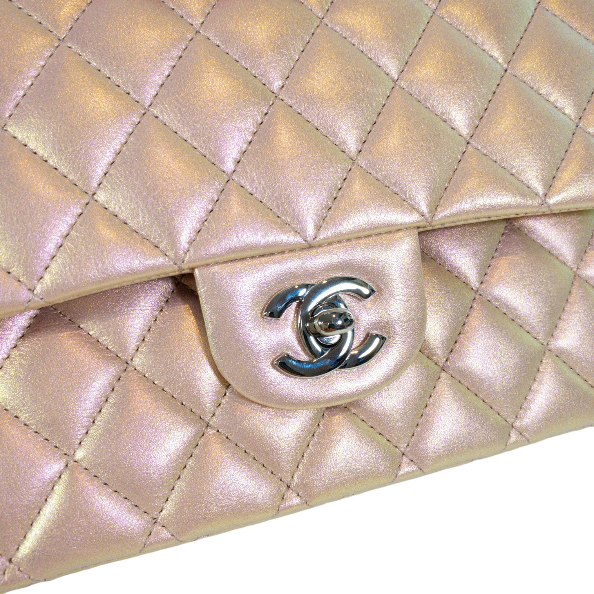 Chanel Pink Iridescent Medium Flap SHW  In Excellent Condition For Sale In Miami Beach, FL