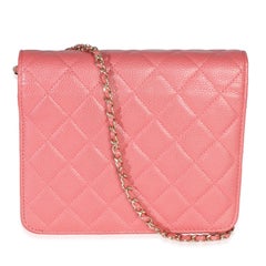 Chanel Pink Iridescent Quilted Caviar Golden Class Square Wallet On Chain