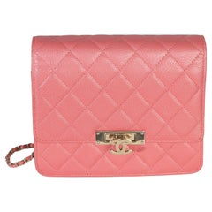 Chanel Pink Iridescent Quilted Caviar Golden Class Square Wallet On Chain