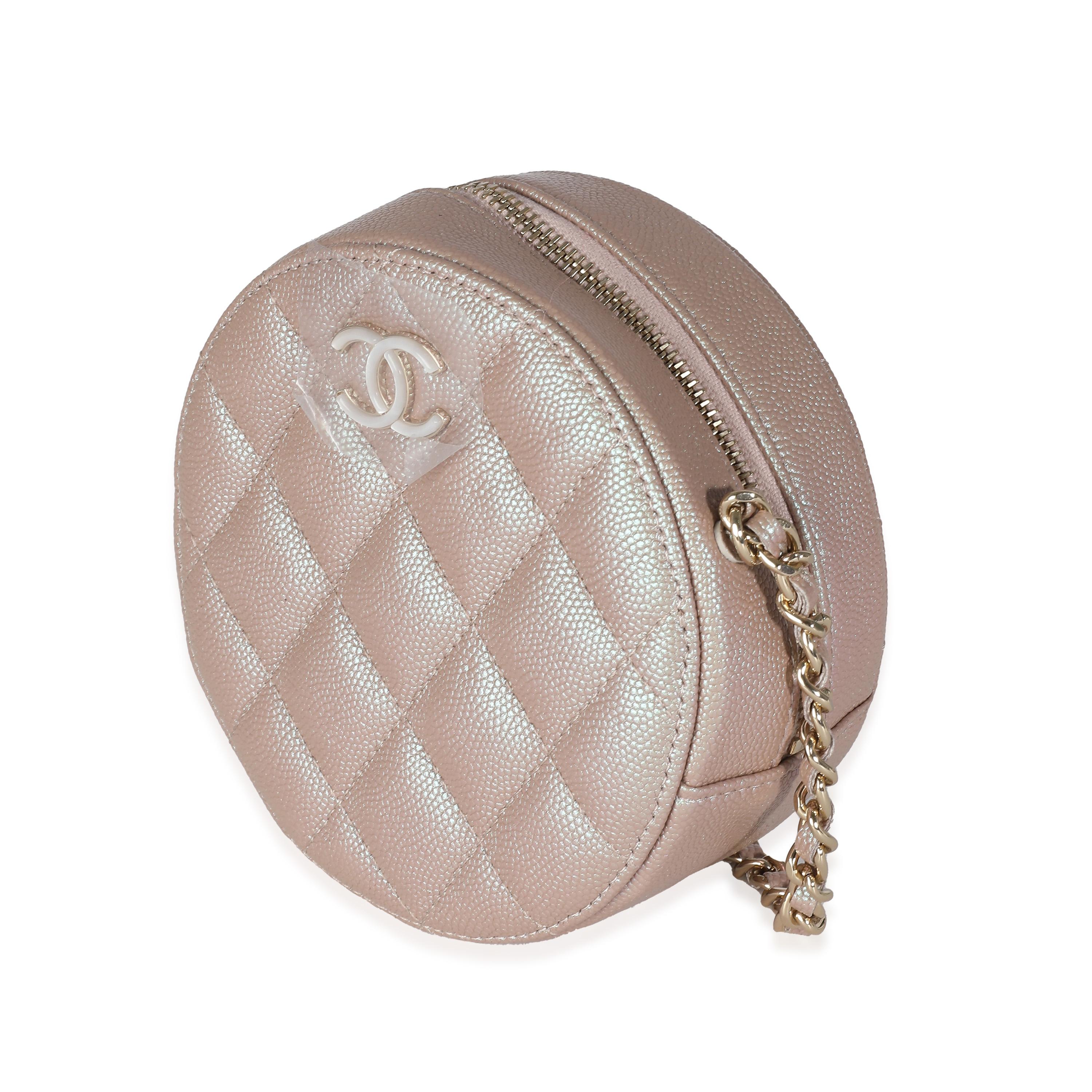 Chanel Pink Iridescent Quilted Caviar Round Handbag With Chain In Excellent Condition In New York, NY