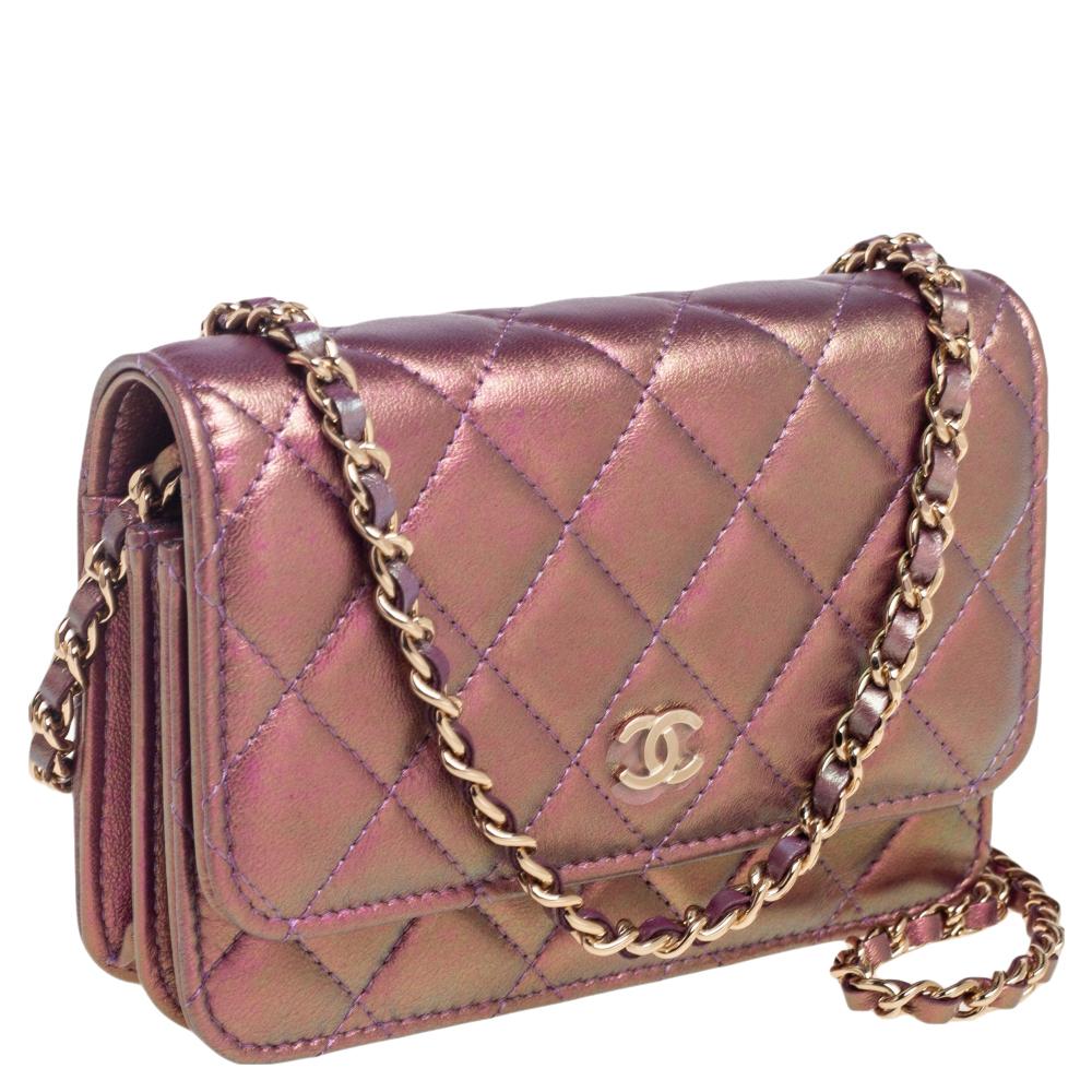 Chanel Pink Iridescent Quilted Leather Classic Wallet on Chain 6