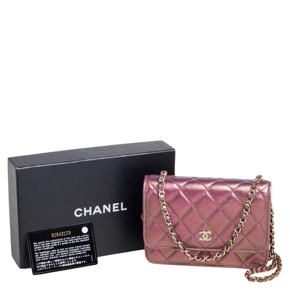 Chanel Pink Iridescent Quilted Leather Classic Wallet on Chain 8