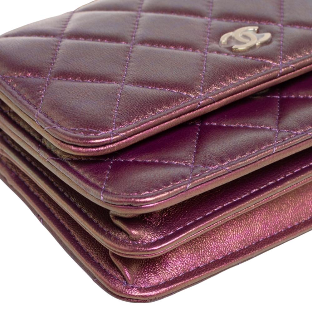 Women's Chanel Pink Iridescent Quilted Leather Classic Wallet on Chain