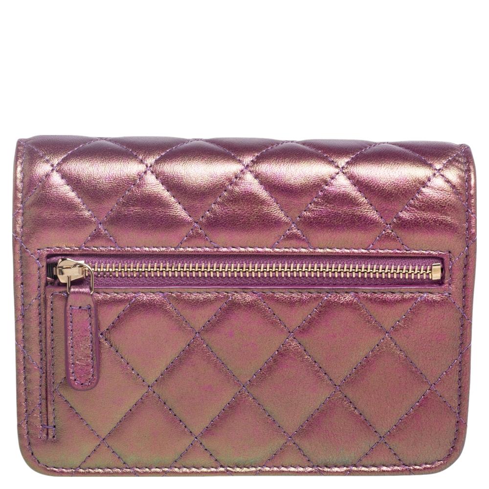 Chanel Pink Iridescent Quilted Leather Classic Wallet on Chain 5