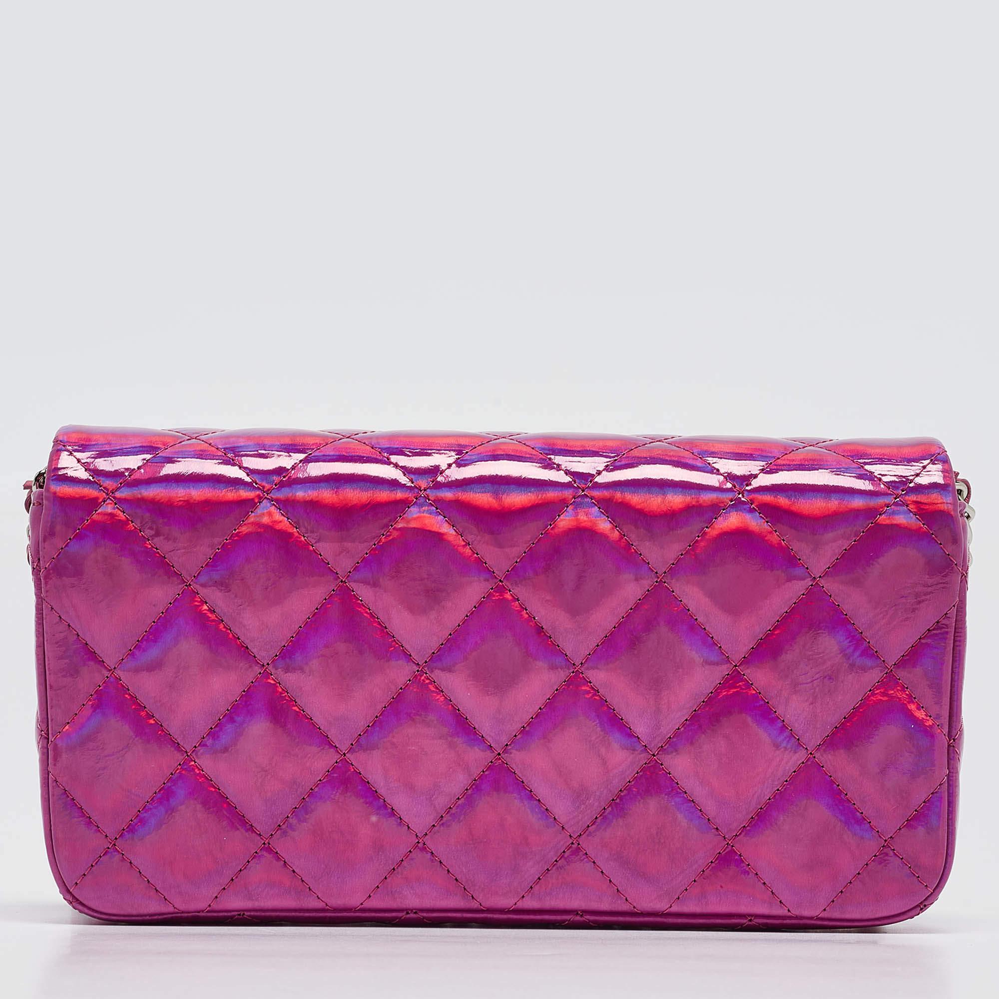 Women's Chanel Pink Iridescent Quilted Patent Leather CC Chain Clutch