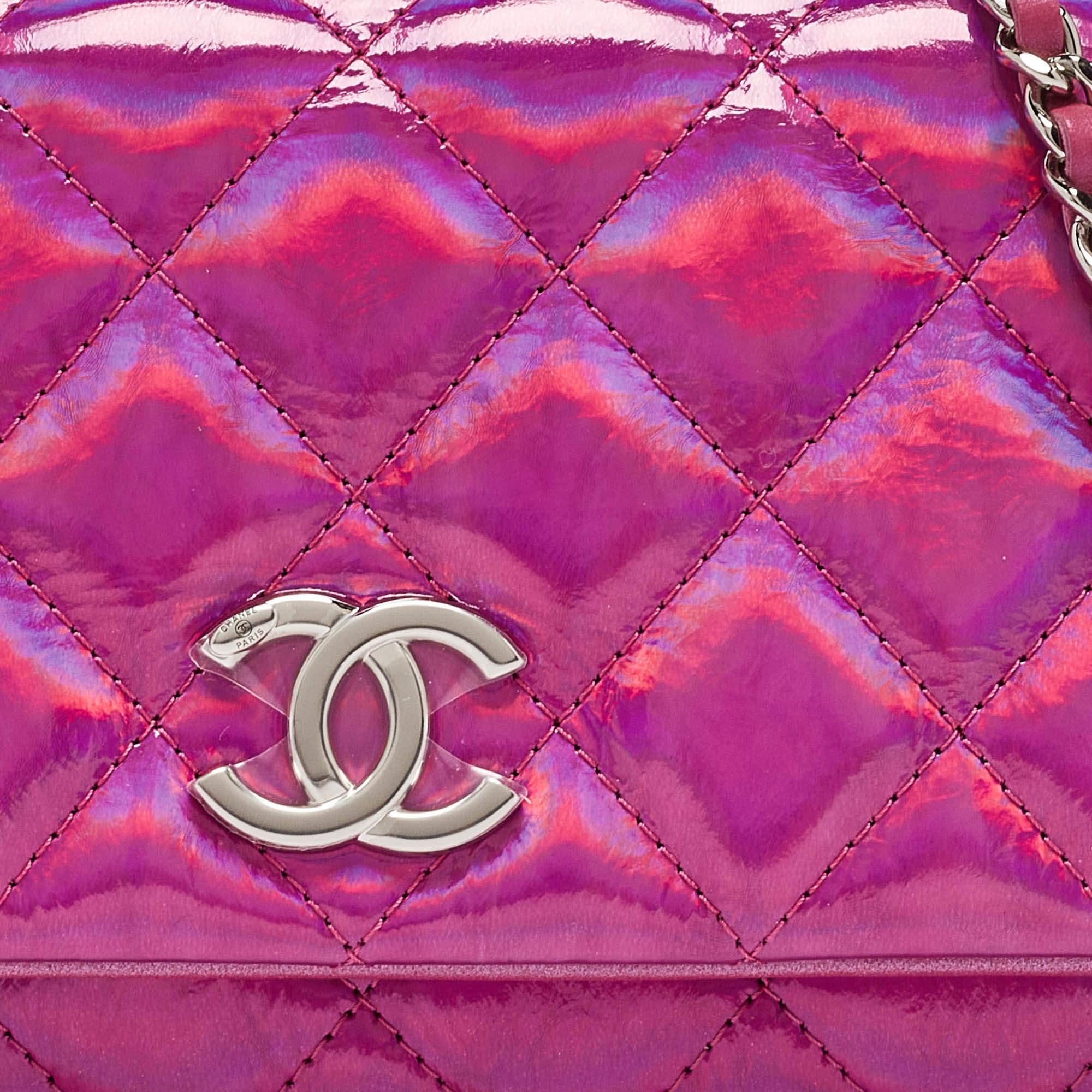 Chanel Pink Iridescent Quilted Patent Leather CC Chain Clutch 1