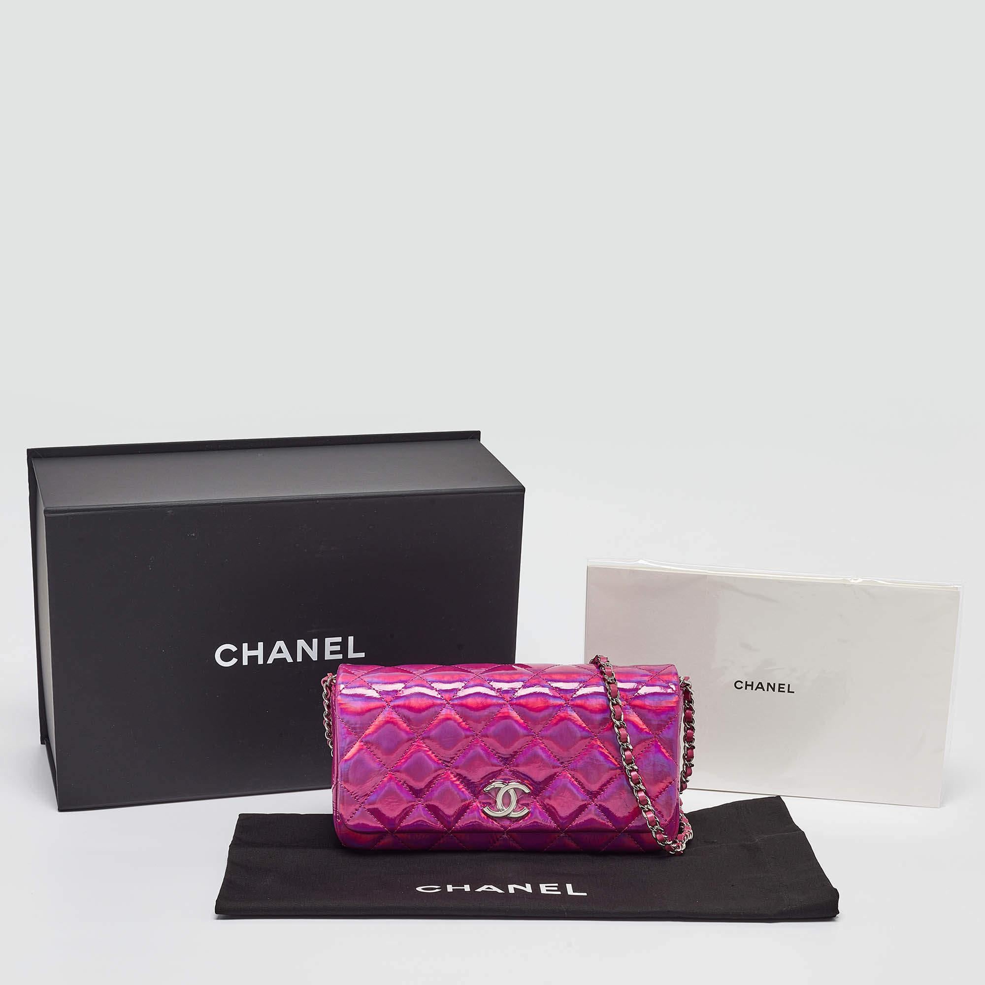 Chanel Pink Iridescent Quilted Patent Leather CC Chain Clutch 2