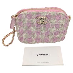 Chanel Mini bolso de cadena de tweed rosa y marfil