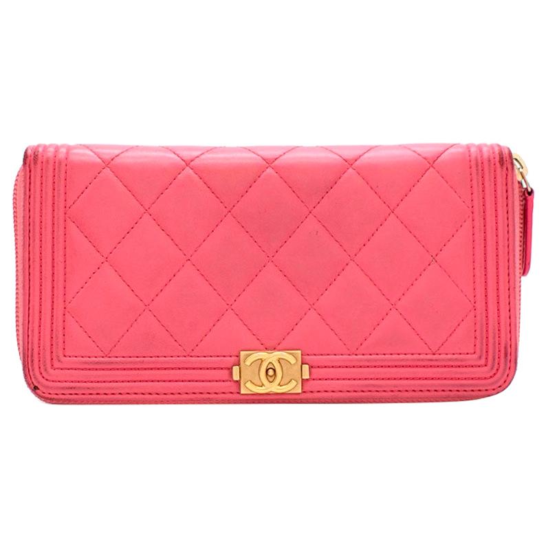 Chanel Pink Lambskin Boy Long Zipped Wallet 