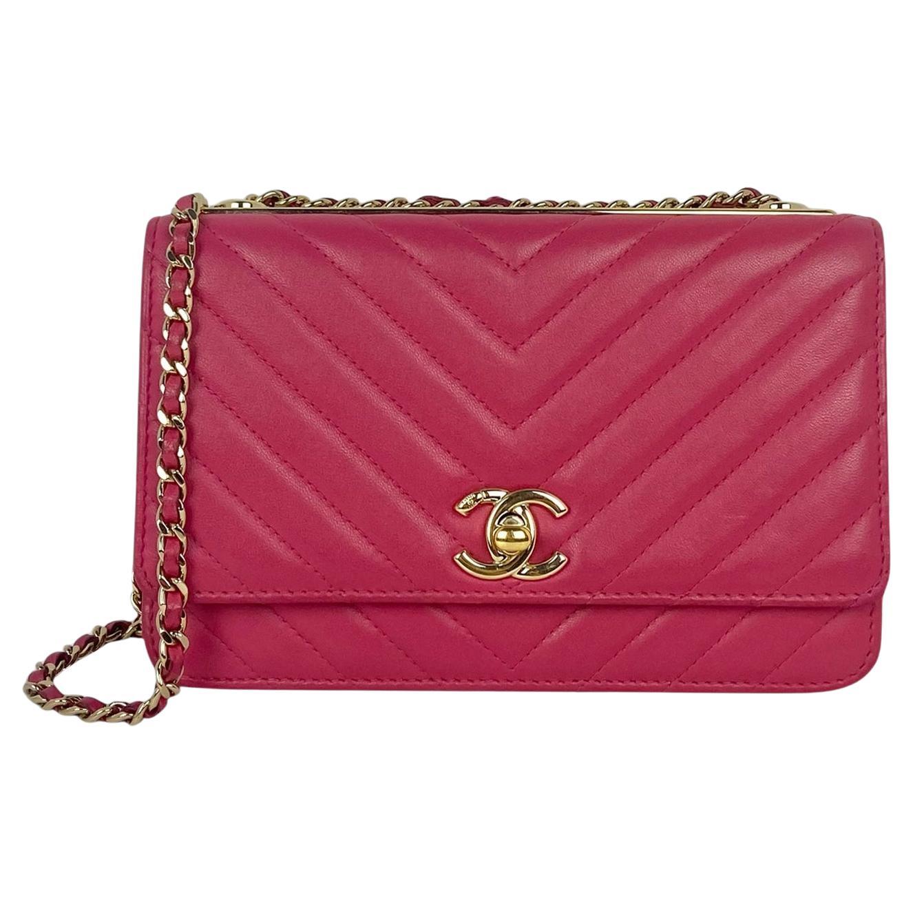 Chanel Pink Lambskin Chevron Quilted Trendy CC Wallet On Chain WOC Crossbody Bag
