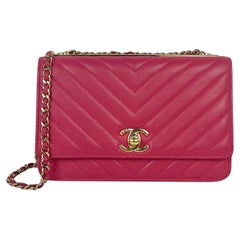 Chanel Pink Lambskin Chevron Quilted Trendy CC Wallet On Chain WOC Crossbody Bag