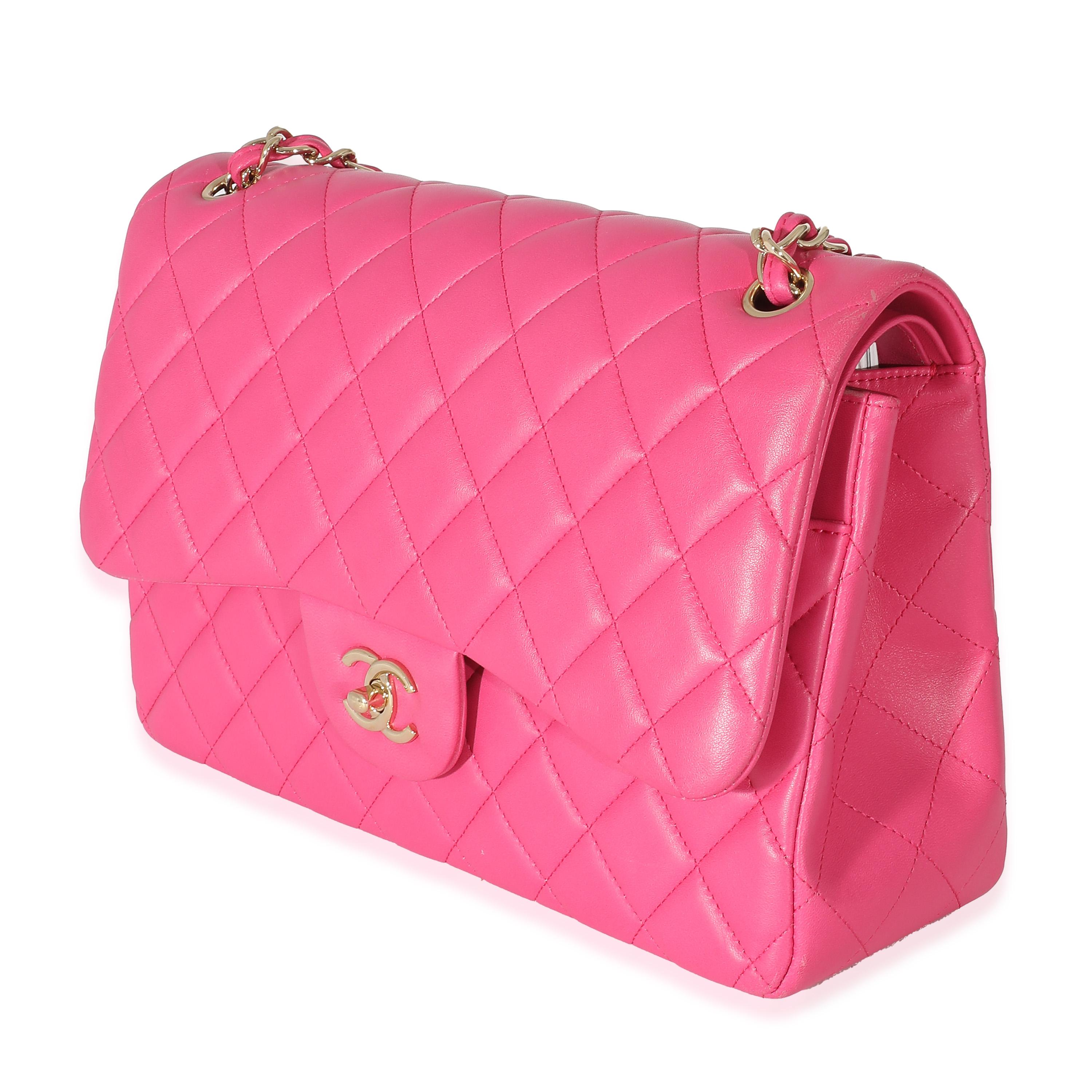 Chanel Pink Lambskin Jumbo Classic Double Flap Bag In Excellent Condition In New York, NY