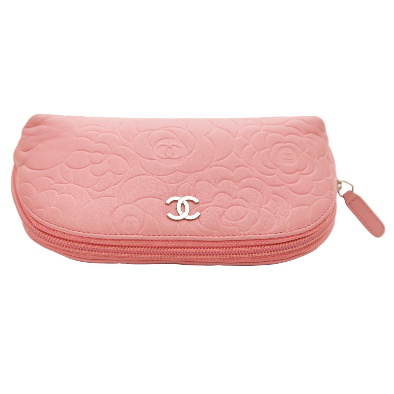 CHANEL Pink Lambskin Leather Camellia Cosmetic Pouch Case Bag Silver CC Zipper In Fair Condition In Hollywood, FL