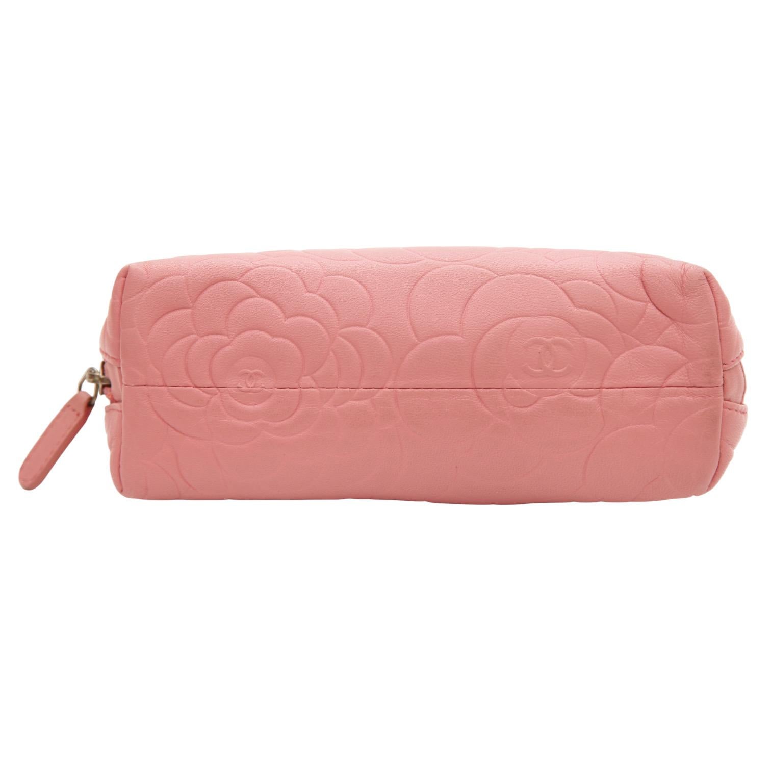 Women's CHANEL Pink Lambskin Leather Camellia Cosmetic Pouch Case Bag Silver CC Zipper