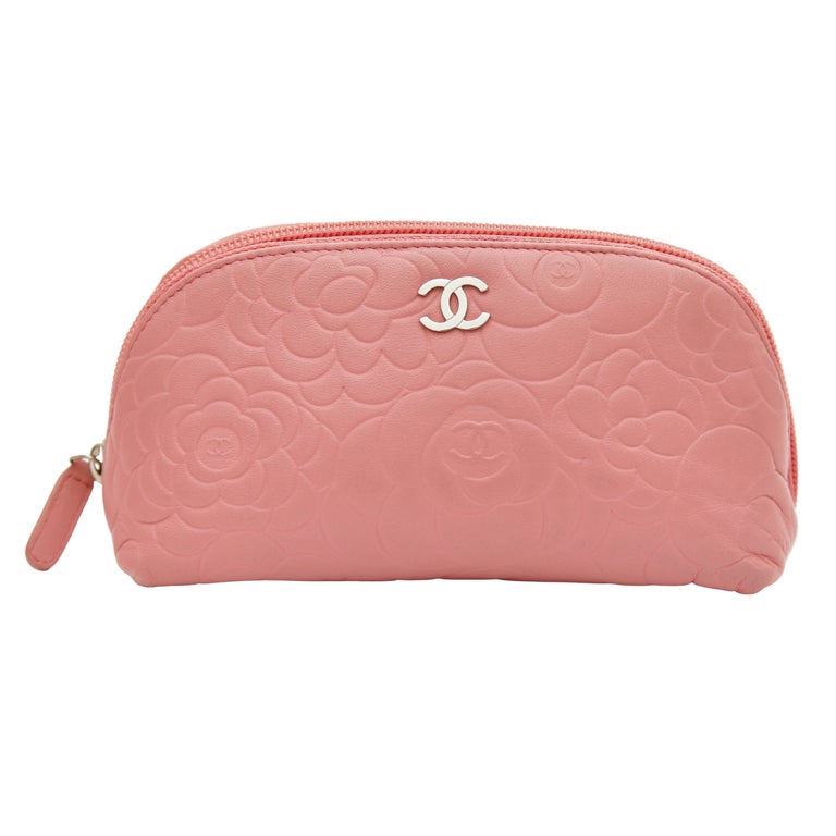 CHANEL Pink Lambskin Leather Camellia Cosmetic Pouch Case Bag Silver CC  Zipper at 1stDibs