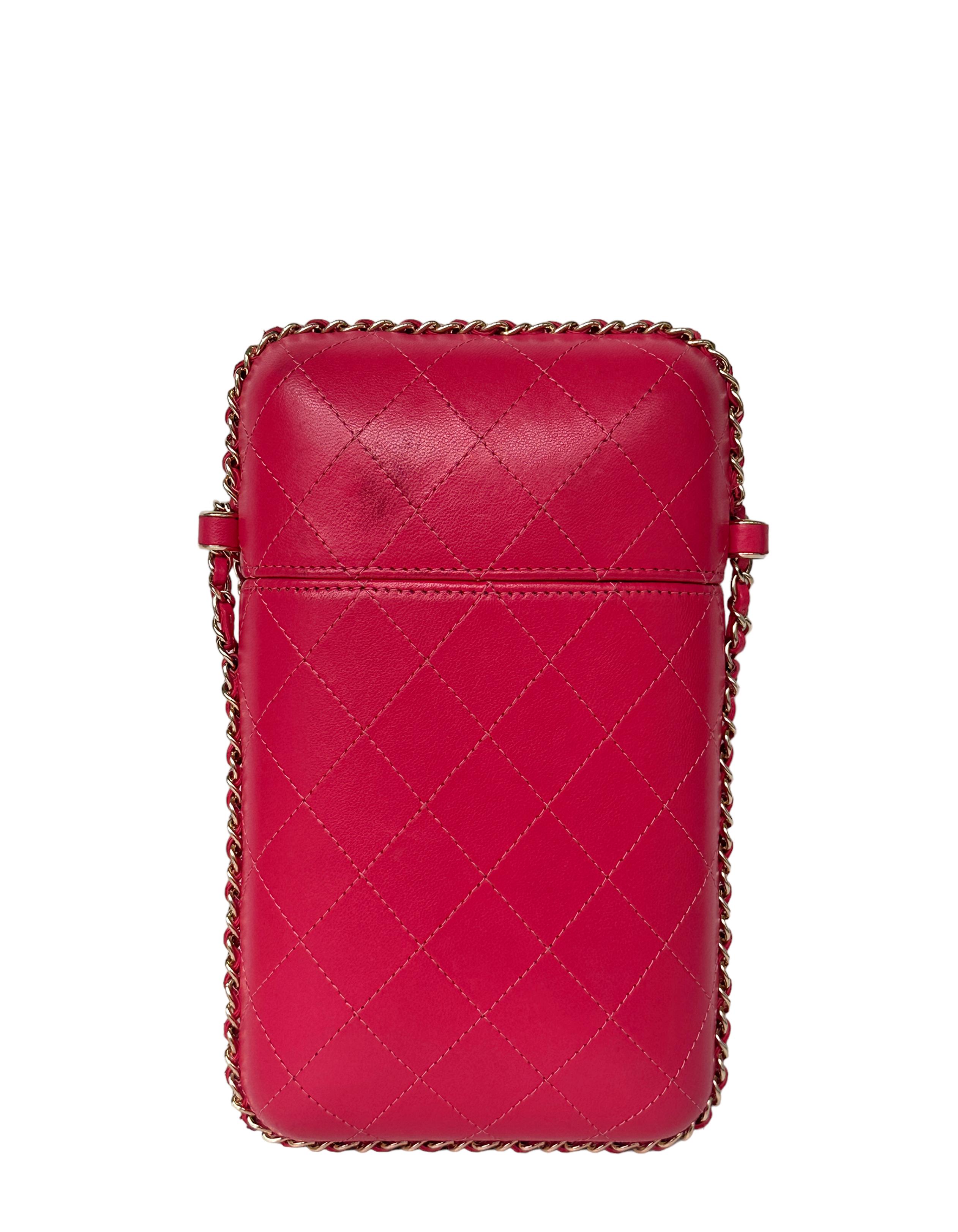 Chanel Pink Lambskin Quilted Chain Around Phone Holder Crossbody Bag In Good Condition In New York, NY