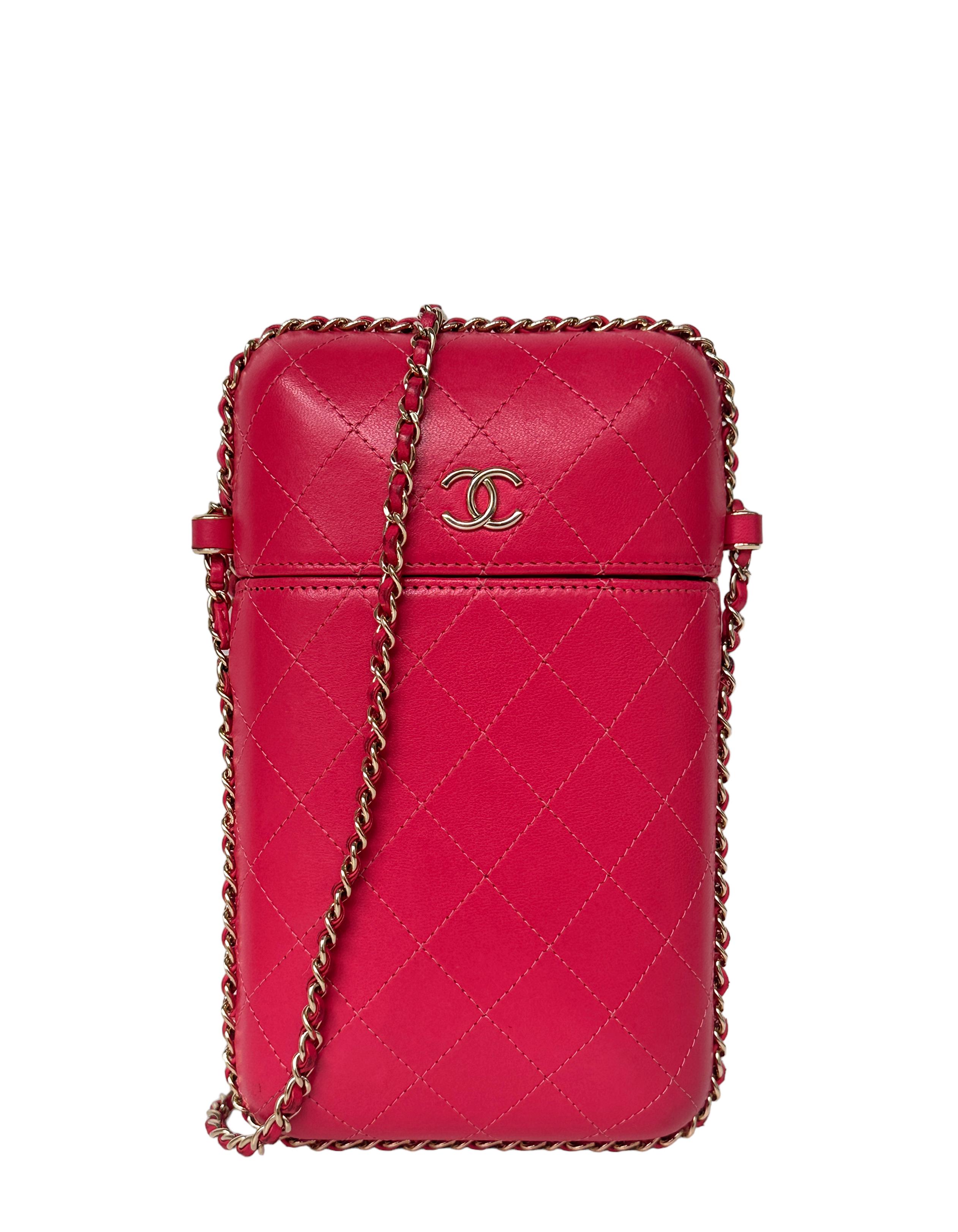 Women's Chanel Pink Lambskin Quilted Chain Around Phone Holder Crossbody Bag