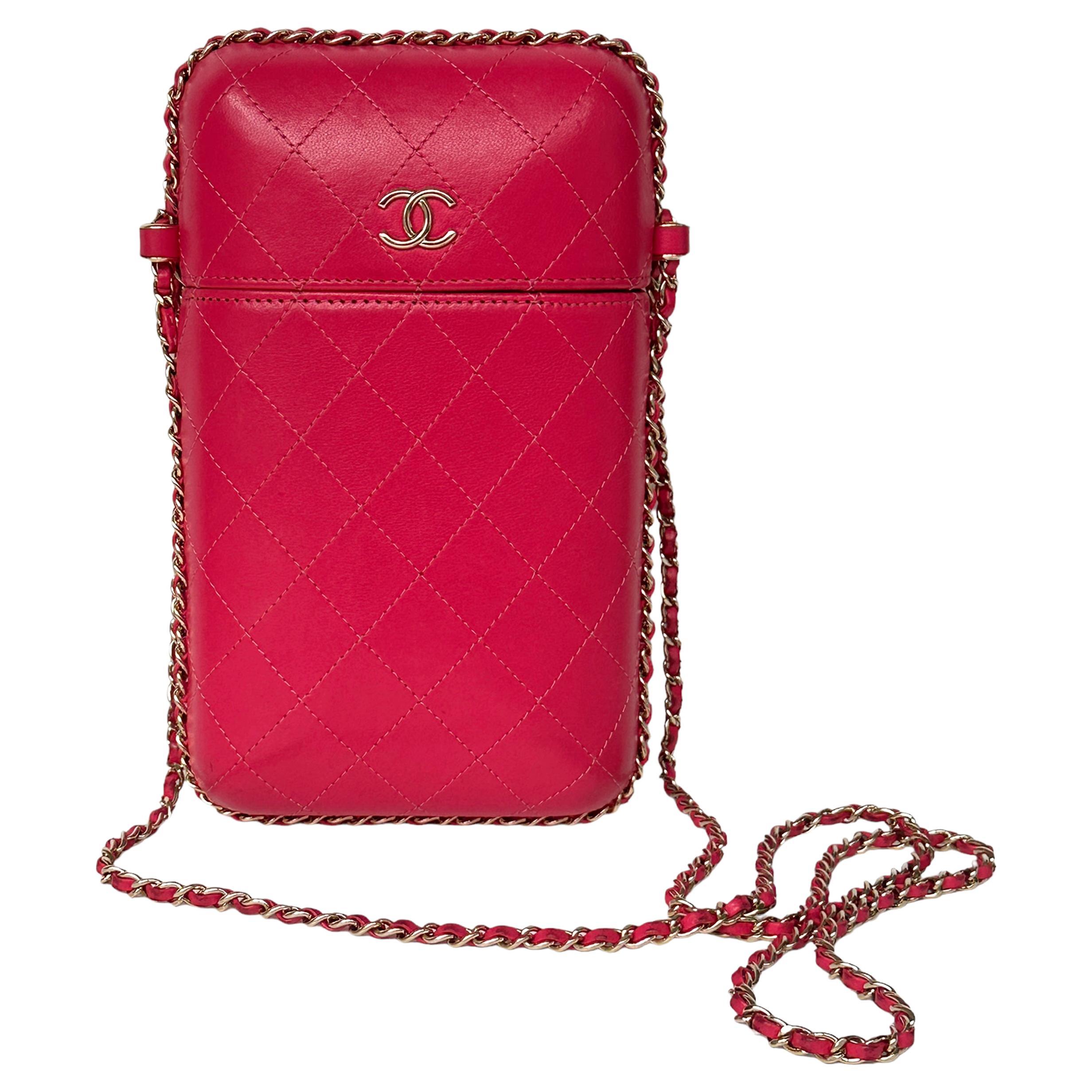 Chanel Pink Lambskin Quilted Chain Around Phone Holder Crossbody Bag