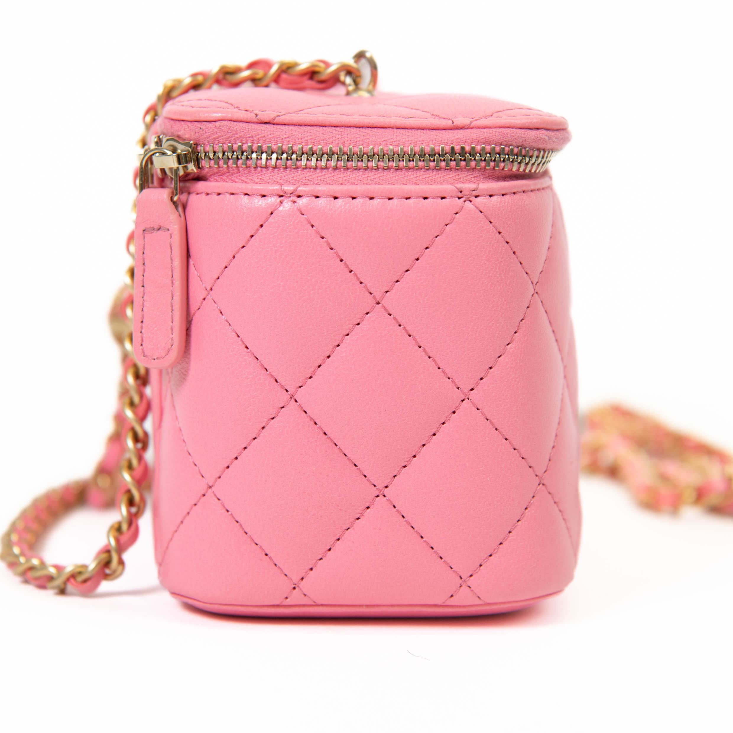 Women's or Men's Chanel  Pink Lambskin Quilted Small Pearl Crush Vanity Case With Chain