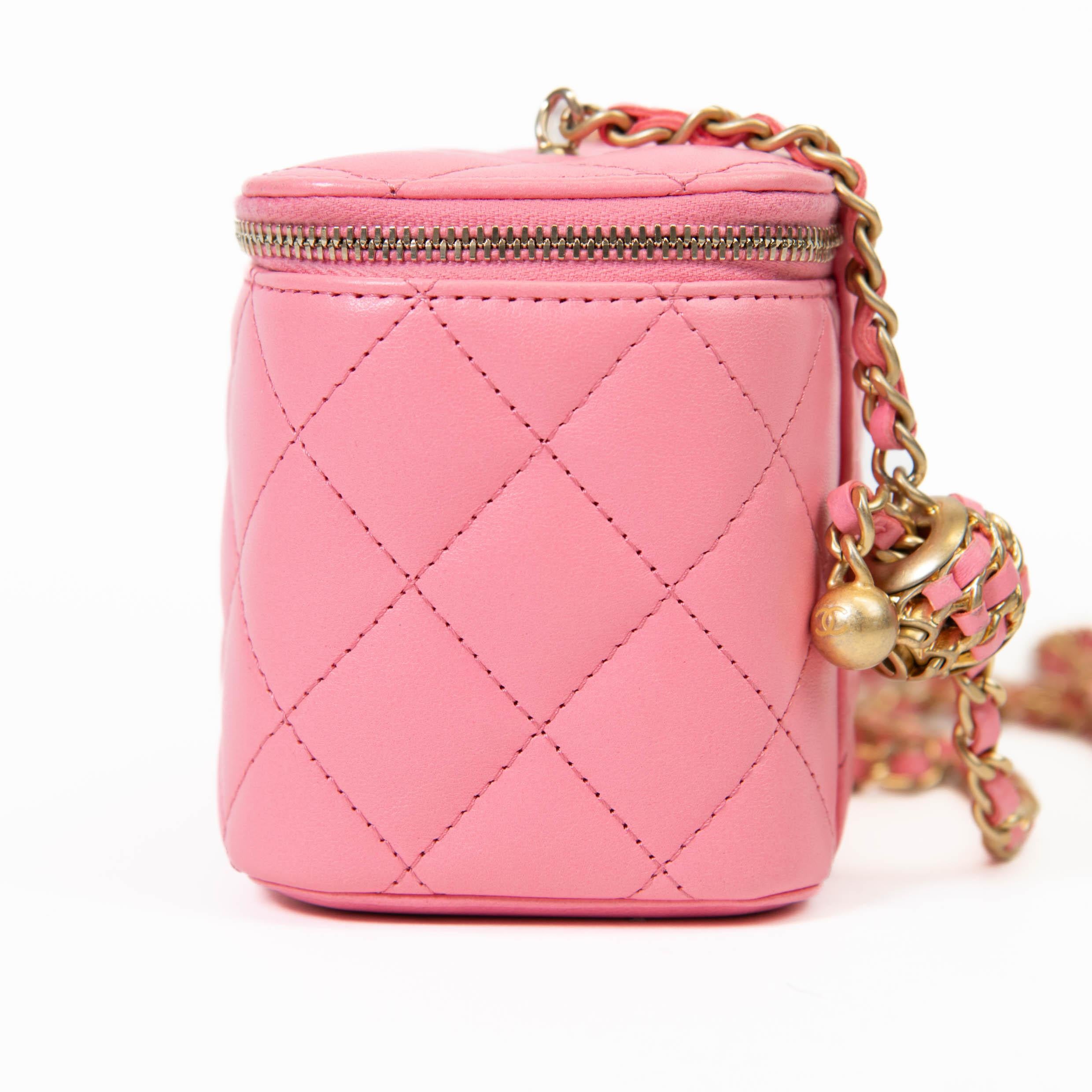 Chanel  Pink Lambskin Quilted Small Pearl Crush Vanity Case With Chain 1