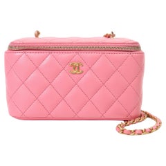 Chanel Pink Lambskin Quilted Small Pearl Crush Vanity Case With Chain