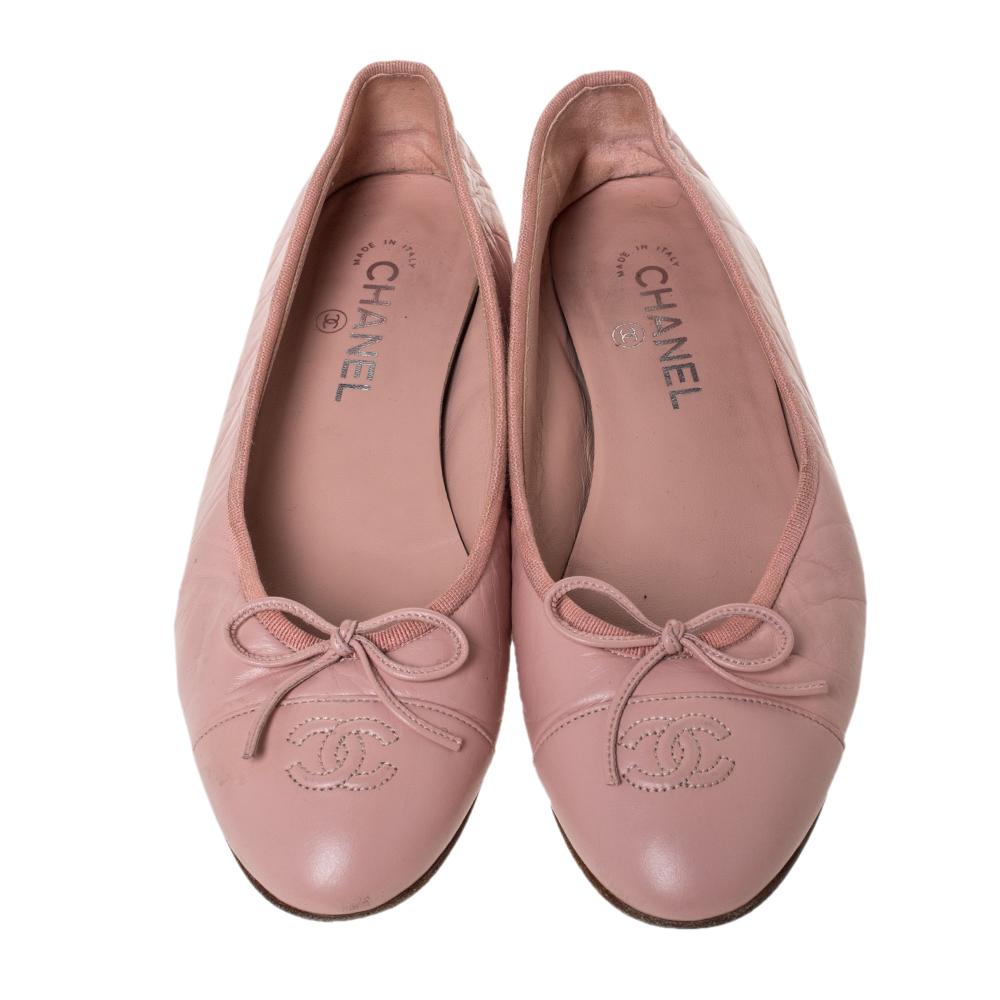 These pink ballet flats will be your first choice when you are out for long hours because they provide excellent comfort. They are crafted from leather and designed with grosgrain trims, cap toes with the CC logo and little bows.

Includes: Original