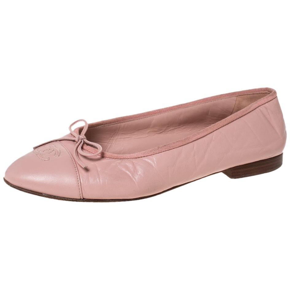 Chanel Pink Leather And Grosgrain Trim CC Bow Ballet Flats Size 40