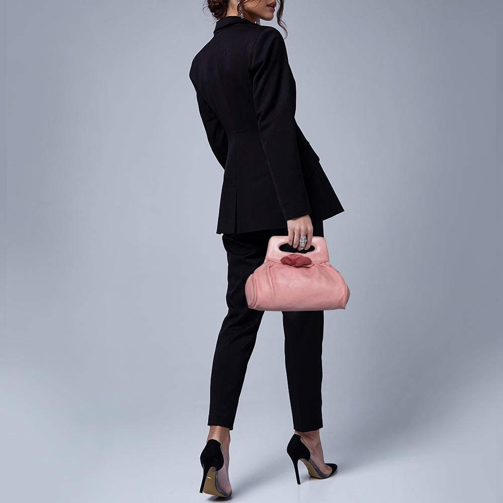 Chanel Pink Leather Camellia Frame Clutch In Good Condition In Dubai, Al Qouz 2