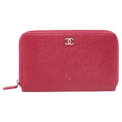Chanel Pink Leather CC Camellia Zip Around Wallet Organizer