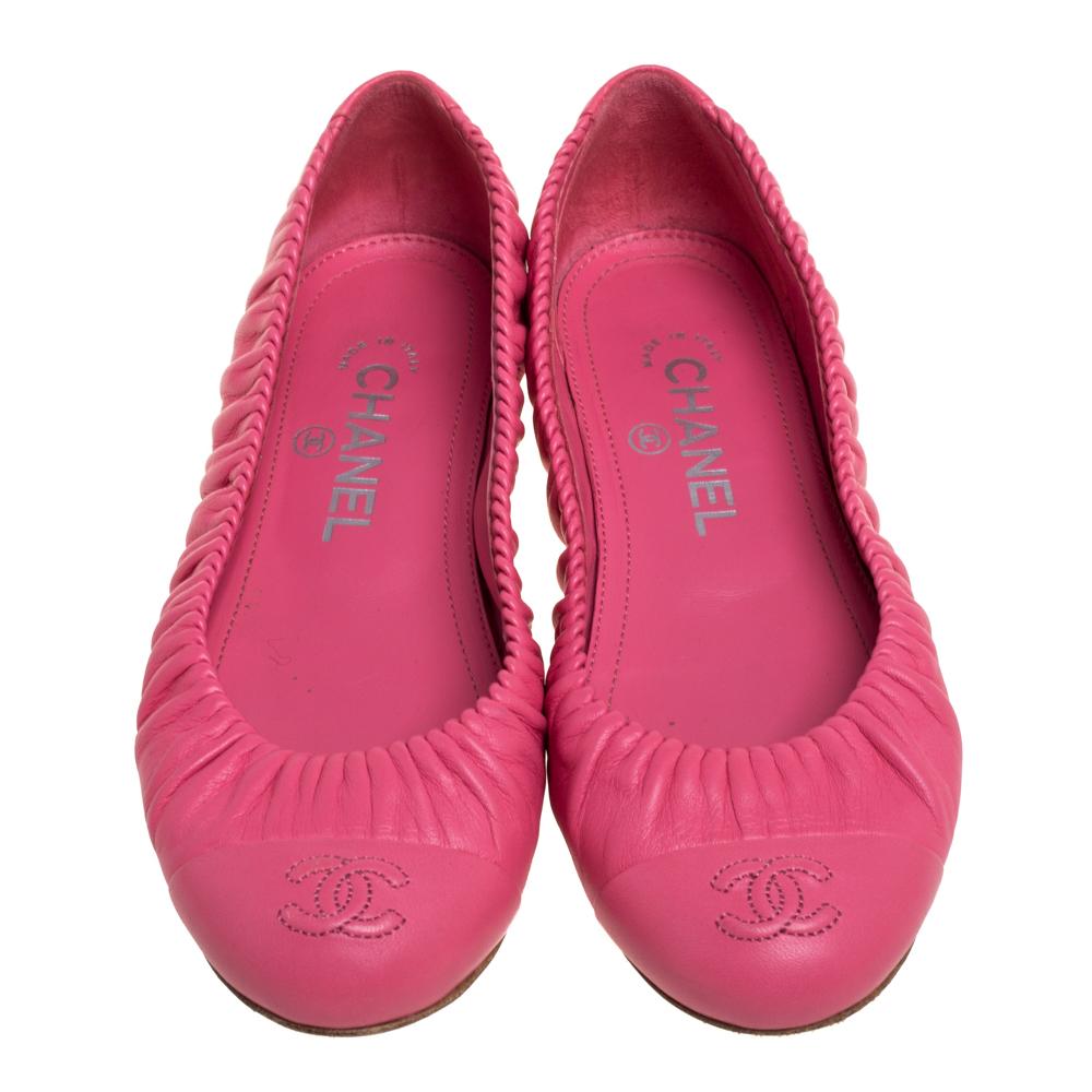 Chanel Pink Leather CC Cap Toe Ballet Flats Size 36.5 2